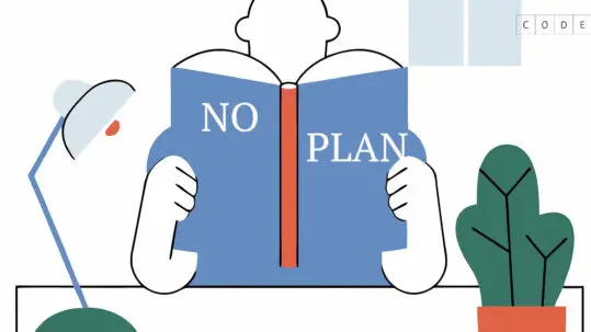 Illustratie met tekst ‘No Plan’ en boek-icoon die aangeeft dat je zonder plan toch via Codex professioneel je boek zelf kunt uitgeven